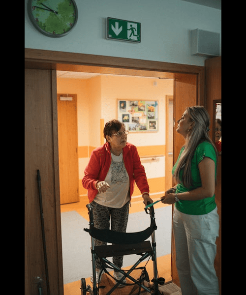 Nursing home staff conducting an emergency safety drill with residents.