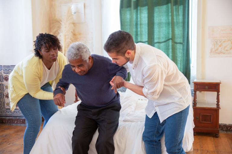 support workers assisting senior residents in a nursing home
