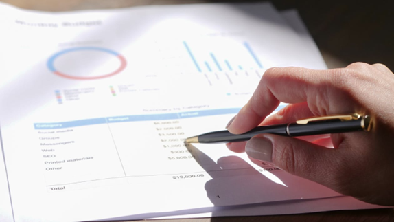 A close-up of a hand using a pen to point at a budget spreadsheet 