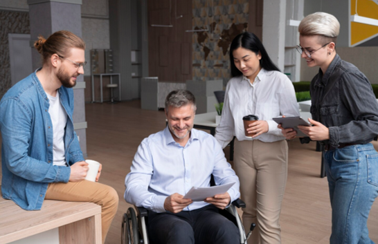 Compassionate support worker assisting wheelchair user with mobility in care setting