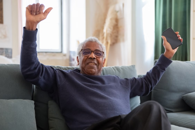 Retirement village resident enjoying independence and wellbeing at home.